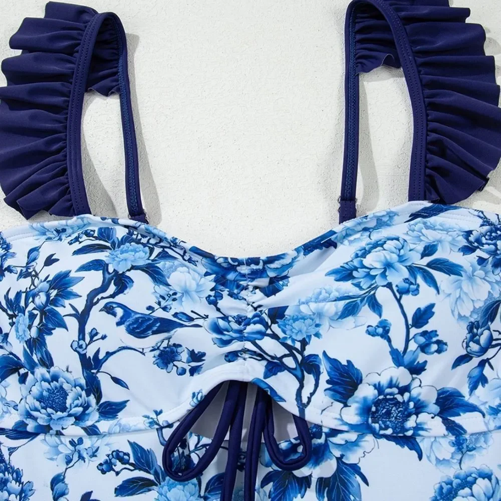 Cutout Ruffled Spaghetti Strap One-Piece Floral Blue Ruffle Strap Swimsuit S M